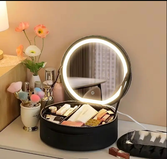 COSMETIQUERA REDONDA CON ESPEJO Y LUZ LED