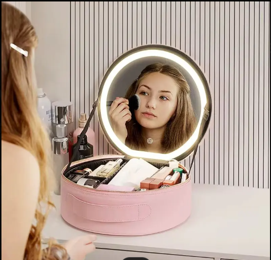 COSMETIQUERA REDONDA CON ESPEJO Y LUZ LED